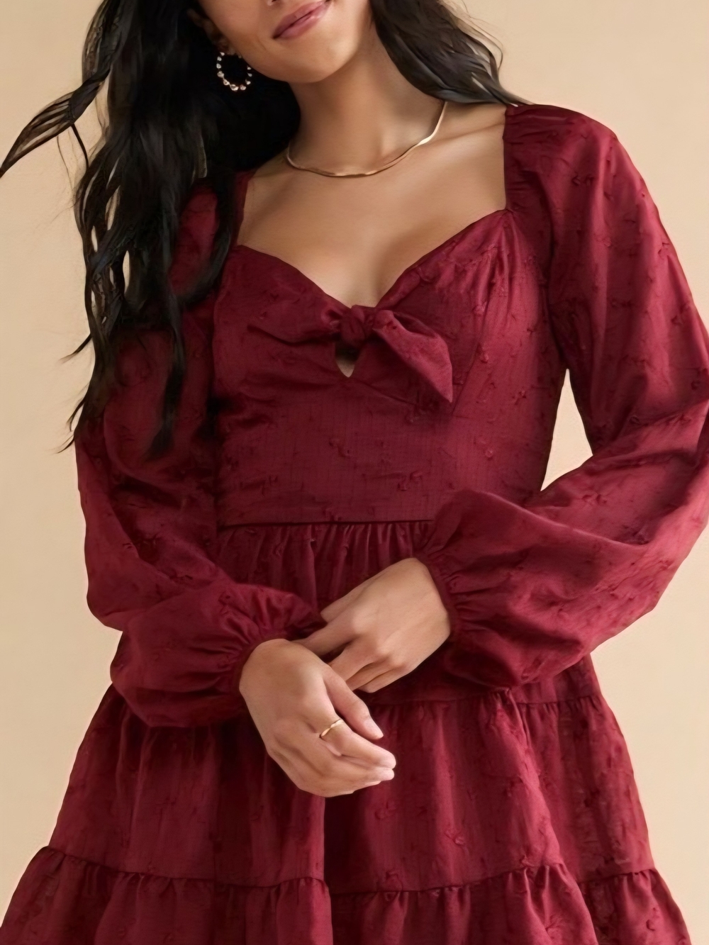 Trixxi Burgundy Tie-Front Long Sleeve Tiered Dress